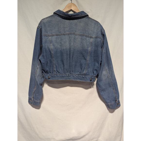 Francesca's Mi ami Womens Cropped Blue Denim Jean Jacket L Distressed Country - Picture 3 of 4